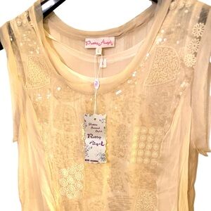 PRETTY ANGEL Sleeveless Silk Whimsy Sequins Lace Sheer Lined Midi Dress Sz L NWT